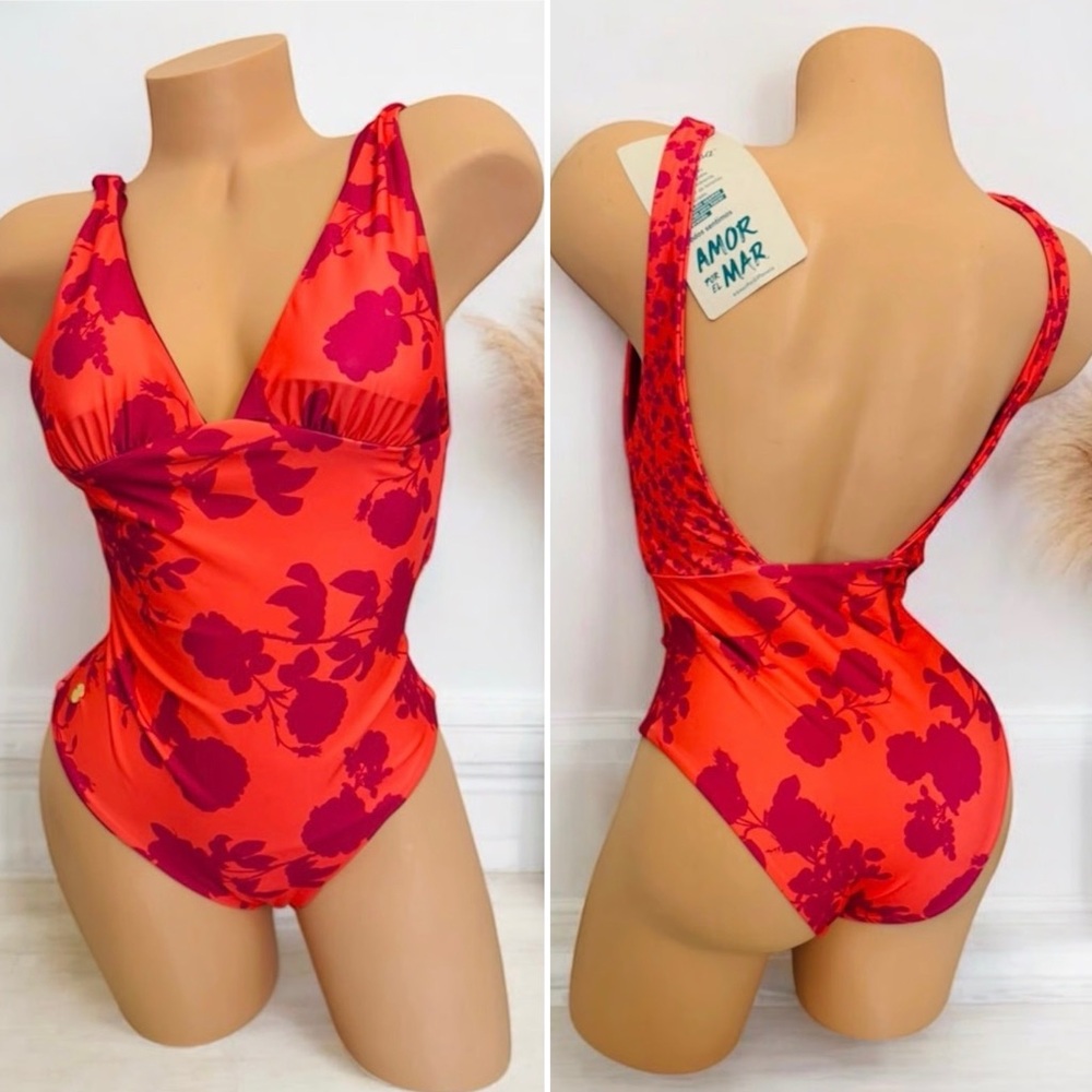 LEONISA One-Piece Shaping V-neck Swimsuit Swimwear Orange Print Small